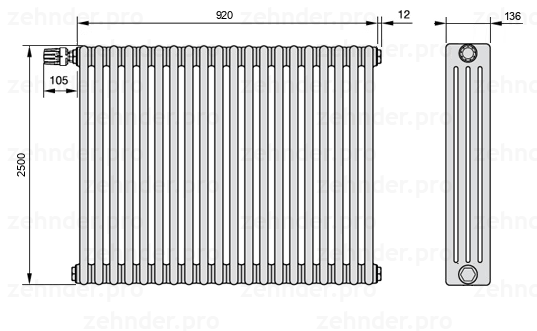 Схема (чертеж) Радиатор Zehnder Charleston 4250/20 №V012 Белый глянцевый RAL 9016